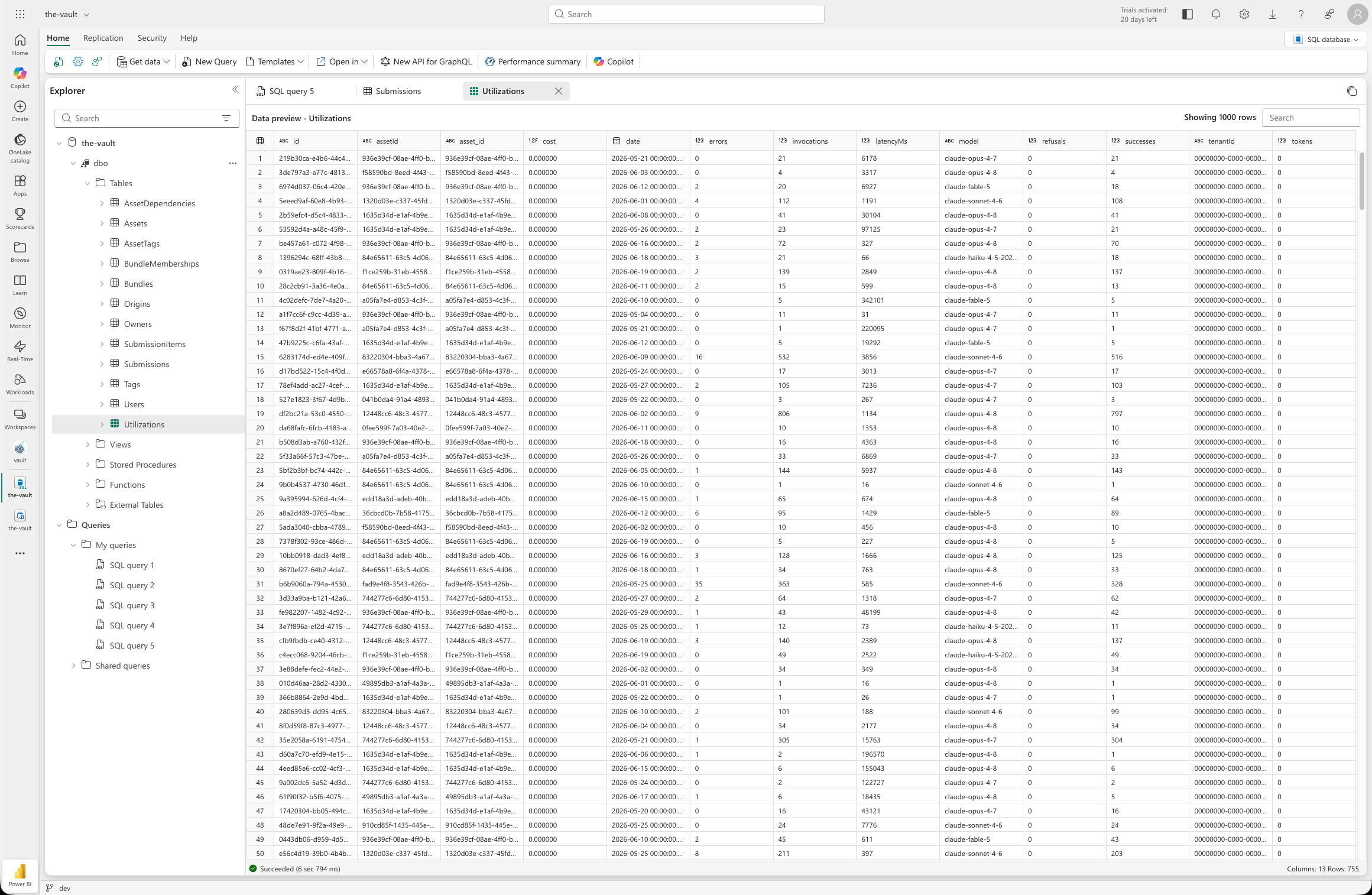 Fabric SQL preview of the Utilizations table with invocation and token metadata
