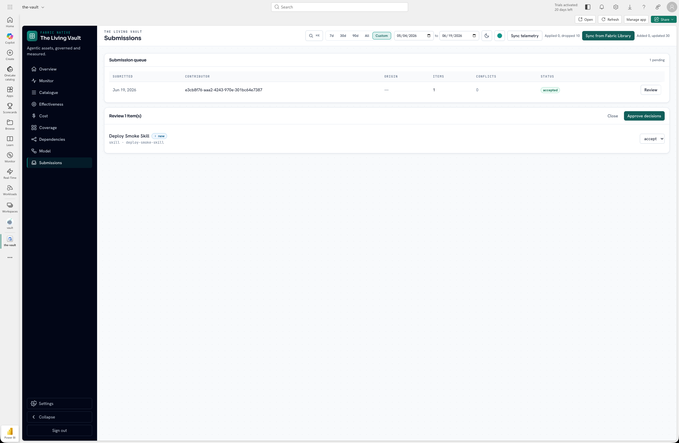 Submissions review queue with pending item and accept flow on live Fabric